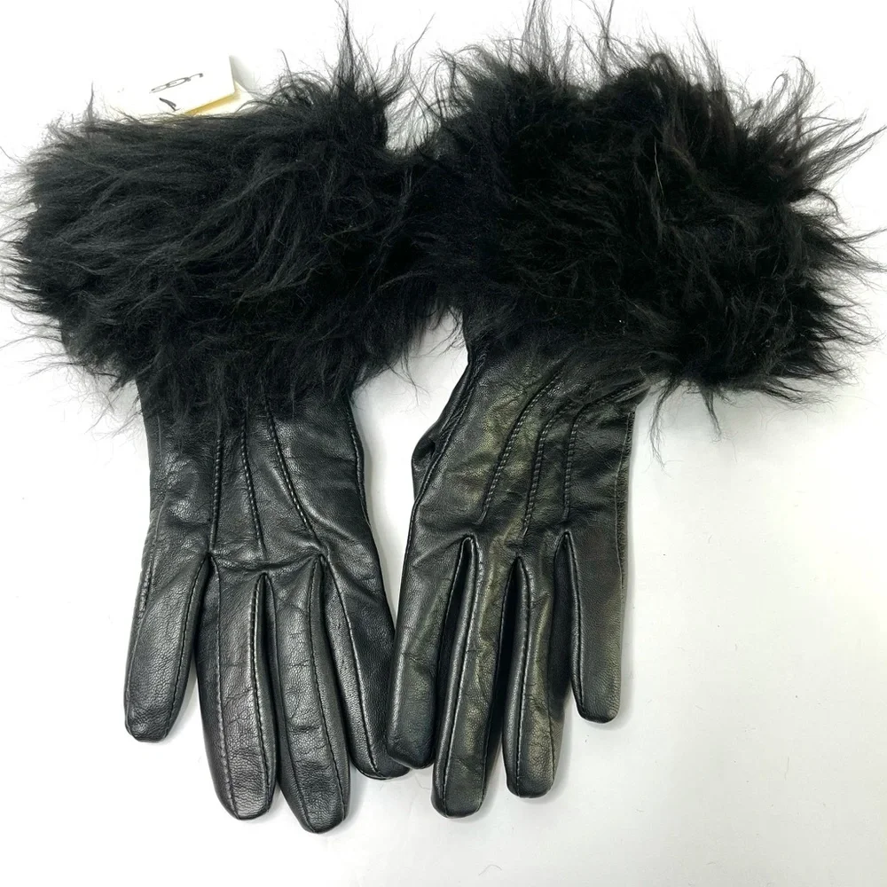 UGG Black Leather Gloves Fur Trim Black NEW Touchscreen Tech Size S